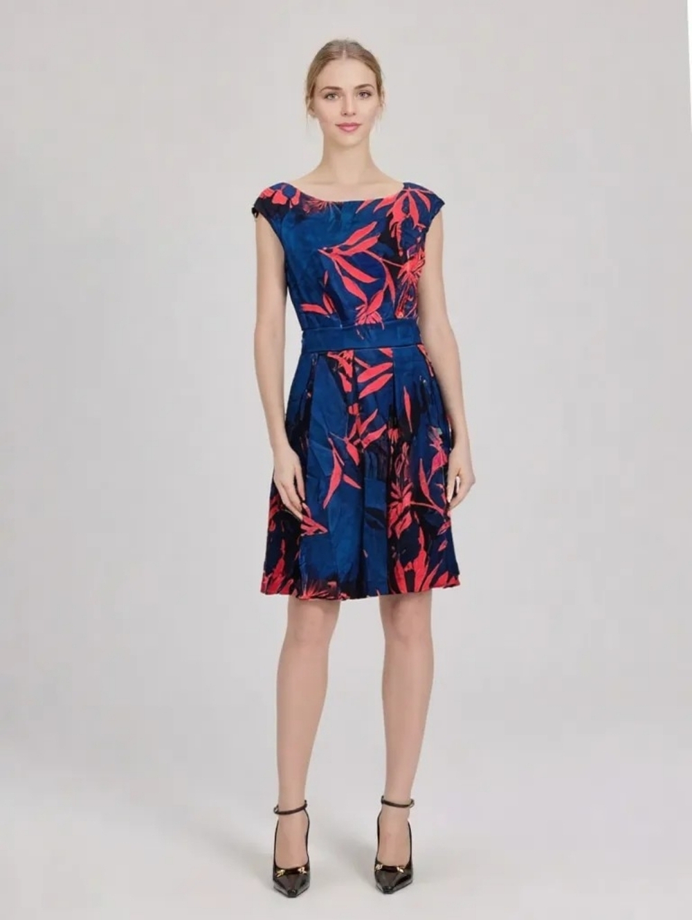 Closet London Tropical Leaf Print Cotton Dress US 2 Cap Sleeve Belted Fit&Flare